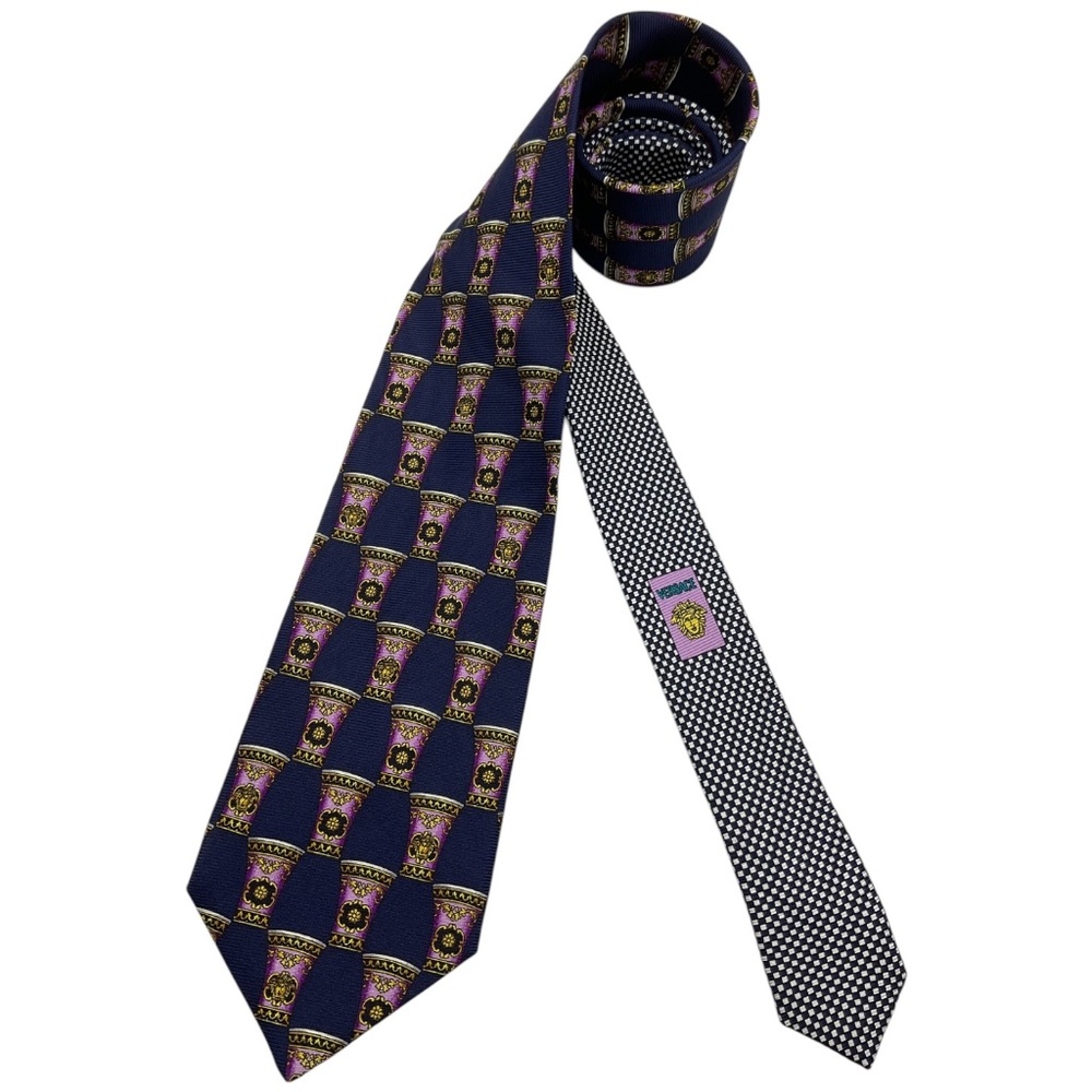 GIANNI VERSACE Navy/Purple/Gold Art Monogram Medusa Silk LUXURY Tie ITALY